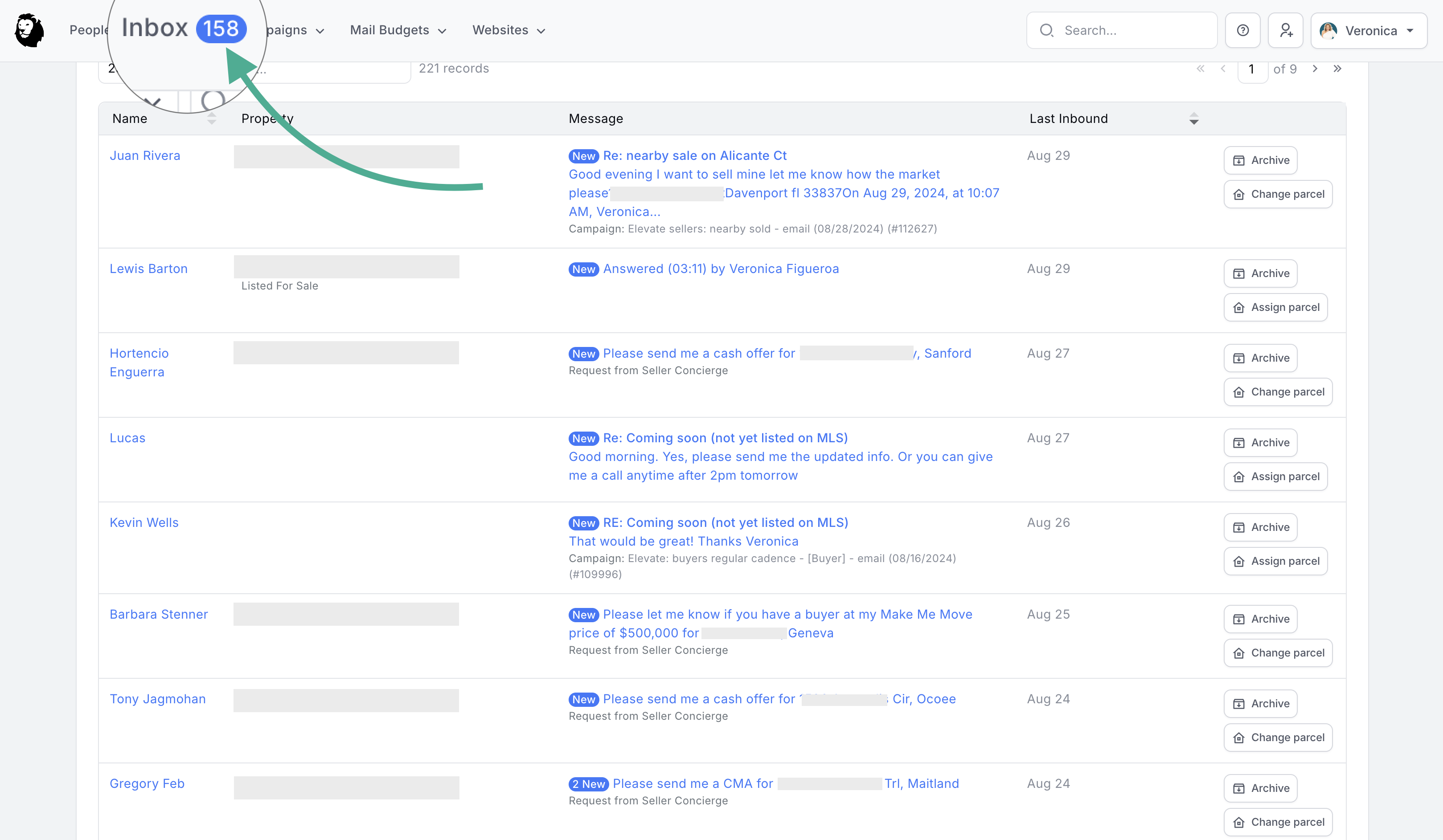 Celebrity Agent inbox showing 158 unread conversations with high-intent leads